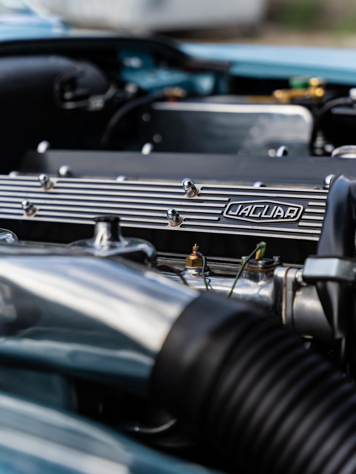 Polished inline-six engine bay of a classic Jaguar with cam cover badge
