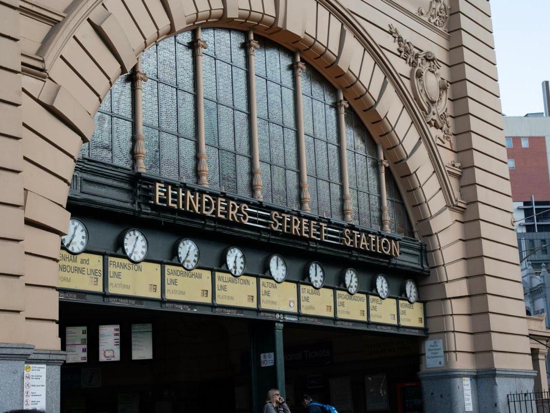Flinders Street Station entrance with its row of platform clocks