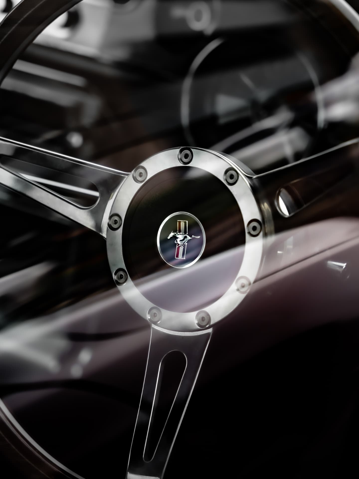 Close-up of a classic Mustang steering wheel